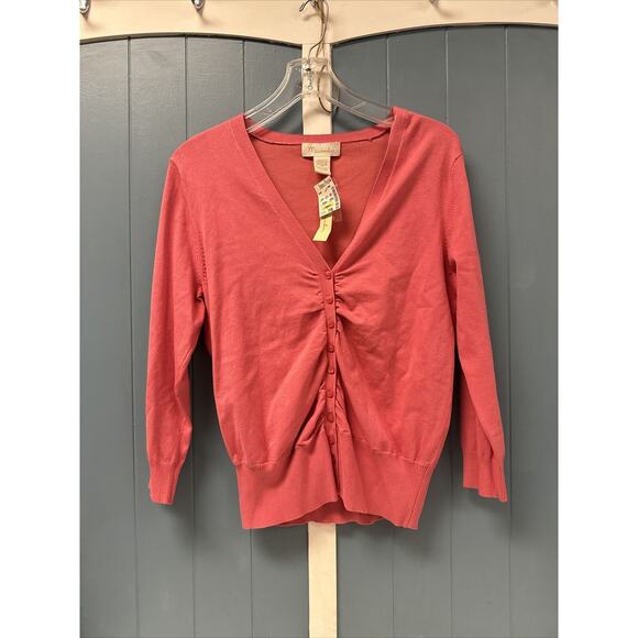 MAINBOCHER Women’s M Pink Coral Lightweight 3/4 Sleeve V-Neck Cardigan Sweater - Picture 4 of 8